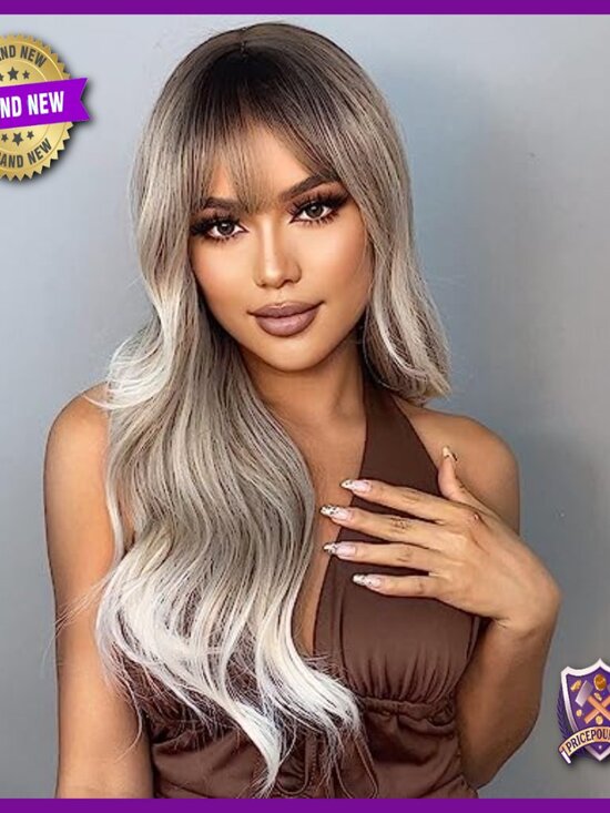 Long Wavy Layered Human Hair Wig with Bangs Heat Resistant Lightweight